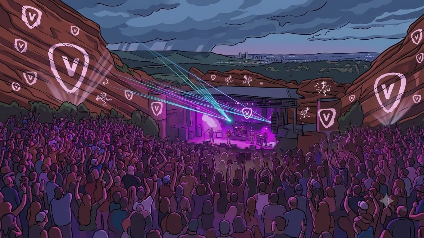 Illustrated Red Rocks-style amphitheater: a jam band on stage under purple and teal lasers, a huge crowd, and Pick5 pick logos lit across the cliffs